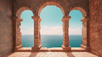 generativo ai, histórico medieval pedra arco janelas com romântico Visão do mar ou oceano, verão panorama fundo. foto