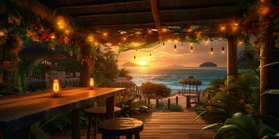 generativo ai, tropical verão pôr do sol de praia Barra fundo. ao ar livre restaurante, conduziu luz velas e de madeira mesas, cadeiras debaixo lindo pôr do sol céu, mar visualizar. foto