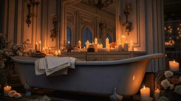 generativo ai, interior do moderno banheiro com queimando velas dentro tarde. romântico atmosfera, spa e relaxar conceito foto