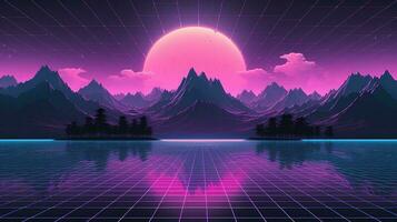 generativo ai, anos 80 retro futurista ficção científica., nostálgico anos 90. noite e pôr do sol néon cores, cyberpunk vintage ilustração. sol, montanhas e Palmeiras. retrowave vj videogame panorama. foto