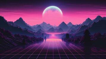 generativo ai, anos 80 retro futurista ficção científica., nostálgico anos 90. noite e pôr do sol néon cores, cyberpunk vintage ilustração. sol, montanhas e Palmeiras. retrowave vj videogame panorama. foto