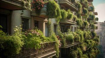 generativo ai, lindo sacada cercado de uma tropical estilo jardim, florescendo flores e verde plantas foto