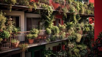 generativo ai, lindo sacada cercado de uma tropical estilo jardim, florescendo flores e verde plantas foto