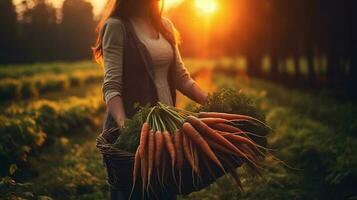 generativo ai, legumes dentro a mãos do uma mulher agricultor dentro a jardim, cenouras a partir de a chão, uma Boa colheita do eco produtos. foto