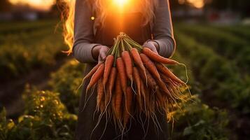 generativo ai, legumes dentro a mãos do uma mulher agricultor dentro a jardim, cenouras a partir de a chão, uma Boa colheita do eco produtos. foto