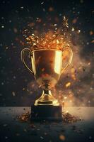 generativo ai, vencedora troféu com chamas, dourado campeão copo com queda confete em Sombrio vertical fundo foto