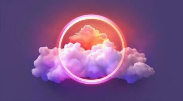 generativo ai, círculo forma brilhando com néon luz dentro a suave colorida nuvem, fantasia Rosa e roxa céu foto