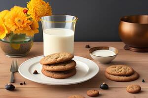 biscoitos pilha em uma prato com uma vidro do leite. generativo ai foto