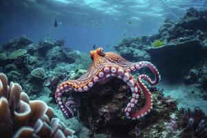 polvo natação submarino, lindo embaixo da agua, e colorida coral dentro a selvagem natureza do a pacífico oceano,ai generativo foto