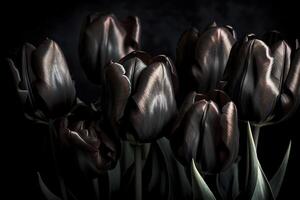 Preto tulipas em Preto fundo. minimalista contemporâneo grupo do elegante Primavera flores ai gerado imagem. foto