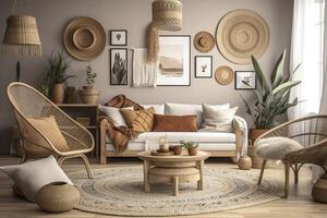 à moda e moderno boho inspirado vivo quarto com tapete, rattan mobília, travesseiros, plantas, foto parede decoração e pessoal acessórios. natural casa decoração, boho quarto interior, ai gerado imagem