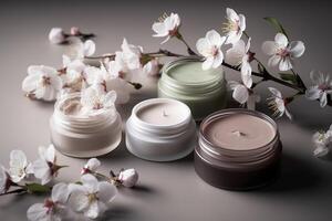 natural orgânico eco cosméticos dentro aberto frascos com florescendo cereja flores, beleza e spa tema. Cosmético containers com creme ou loção, natural ingredientes, face Cuidado conceito. ai gerado imagem. foto