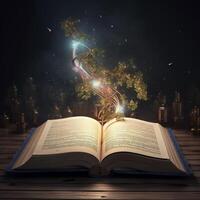 aberto Magia livro com luz chegando fora, generativo ai foto