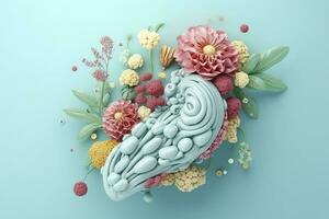 humano pâncreas com flores, pastel cores, em azul fundo, 3d render e ilustração, gerar ai foto