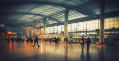 aeroporto prédio, internacional terminal, correndo pessoas para terra, borrado fundo - ai gerado imagem foto