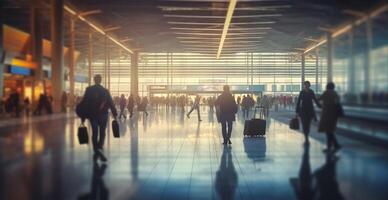 aeroporto prédio, internacional terminal, correndo pessoas para terra, borrado fundo - ai gerado imagem foto