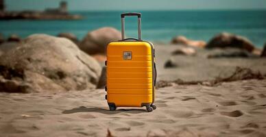 verão viagem e turismo, amarelo mala de viagem em uma lindo arenoso de praia. período de férias viagem - ai gerado imagem foto