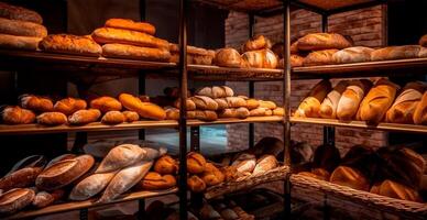 fresco cozido pão em padaria mostruário, trigo produtos - ai gerado imagem foto