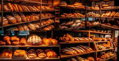 fresco cozido pão em padaria mostruário, trigo produtos - ai gerado imagem foto