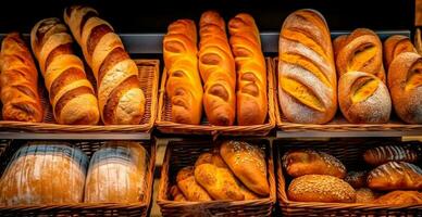 fresco cozido pão em padaria mostruário, trigo produtos - ai gerado imagem foto