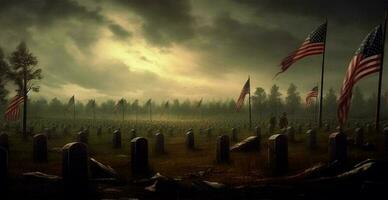 lápides com nos bandeiras às Arlington nacional cemitério em memorial dia - ai gerado imagem foto