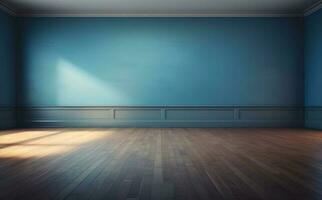 a esvaziar quarto com azul paredes e madeira chão ilustração ai generativo foto