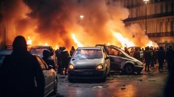 tumultos, manifestantes queimar carros. ilustração ai generativo foto