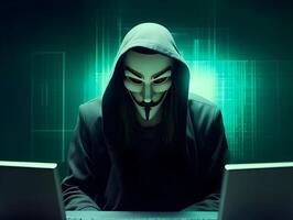 hacker usando computador. conceito do Sombrio rede, cibercrime, ataque cibernético. ai gerado imagem foto