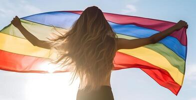 menina segurando arco Iris bandeira. conceito do lgbt orgulho. ai gerado foto