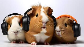 pequeno grupo do fofa Guiné porcos com fones de ouvido dentro estúdio. ai gerado. foto