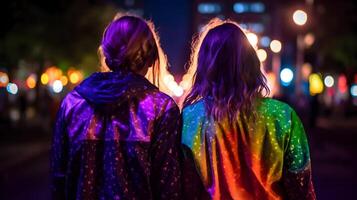 casal com arco Iris colori capa de chuva. ai gerado foto