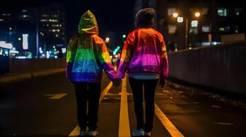 casal com arco Iris colori capa de chuva. ai gerado foto