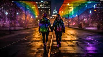 casal com arco Iris colori capa de chuva. ai gerado foto