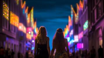 menina casal às noite do orgulho parada. conceito do lgbt orgulho. ai gerado foto