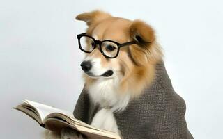 fofa animal cachorro com Óculos e aberto livro. ai gerado. foto