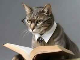 fofa animal gato com Óculos e aberto livro. ai gerado. foto