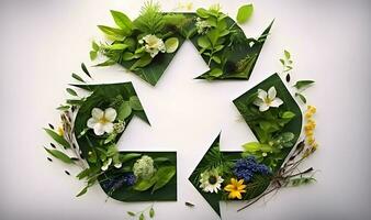 reciclando símbolo ornamentado com verde folhas e flores ai gerado. foto