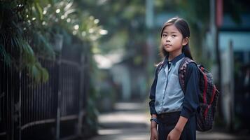 ásia aluna menina com mochila. conceito do costas para escola. ai gerado foto