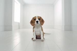 inocente beagle em pé dentro branco quarto - ai generativo foto