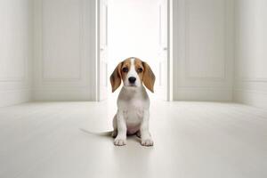 inocente beagle em pé dentro branco quarto - ai generativo foto