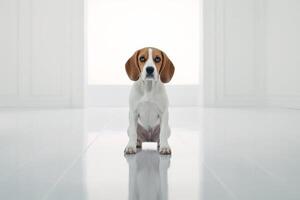 inocente beagle em pé dentro branco quarto - ai generativo foto