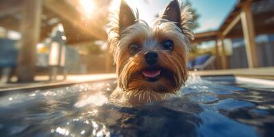 feliz yorkshire terrier natação dentro jacuzzi - ai generativo foto