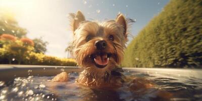 feliz yorkshire terrier natação dentro jacuzzi - ai generativo foto