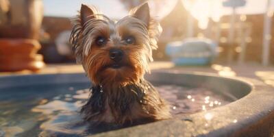 feliz yorkshire terrier natação dentro jacuzzi - ai generativo foto