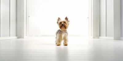 fofa yorkshire terrier em pé dentro minimalista vivo quarto - ai generativo foto