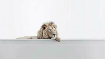 uma leão dentro uma banheira com uma branco fundo - generativo ai foto