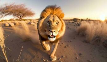 uma leão corrida através a animais selvagens às pôr do sol - generativo ai foto