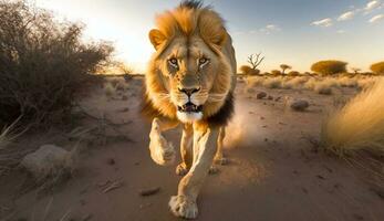 uma leão corrida através a animais selvagens às pôr do sol - generativo ai foto