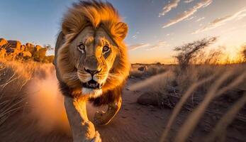 uma leão corrida através a animais selvagens às pôr do sol - generativo ai foto