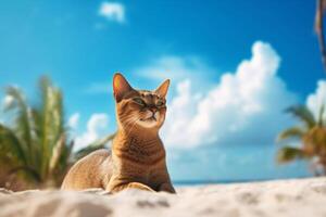 fofa abissínio gato deitado em a de praia e olhando às a mar. generativo ai foto